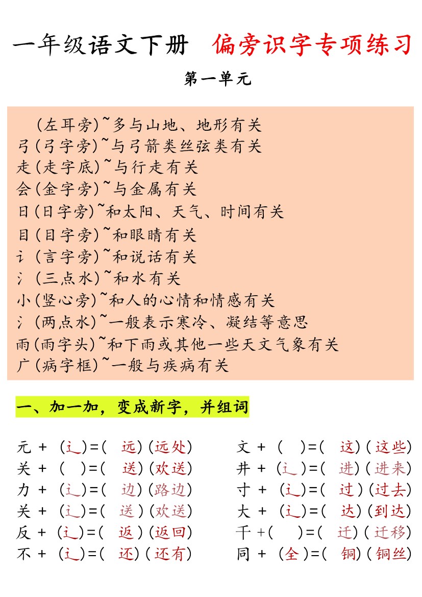 【2026春5页完整版】一年下册偏旁识字专项练习.pdf-985文库
