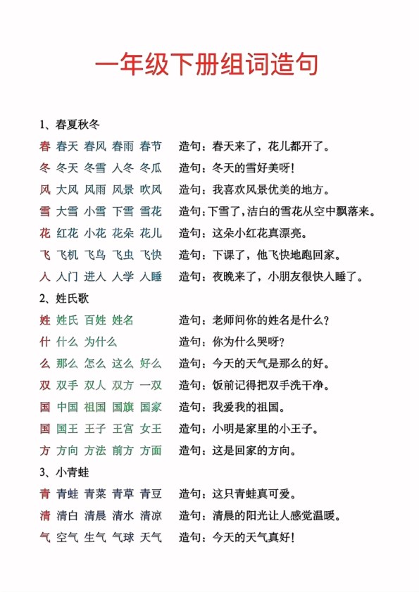 【2026春9页完整版】一年级下册生字组词造句.pdf-985文库