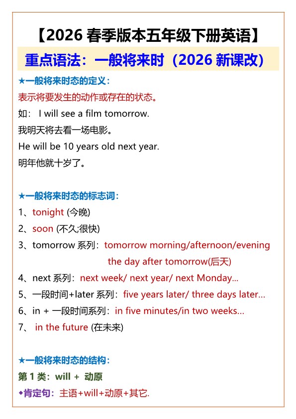 2026春新版【五年级下册英语】 重点语法：一般将来时.pdf-985文库