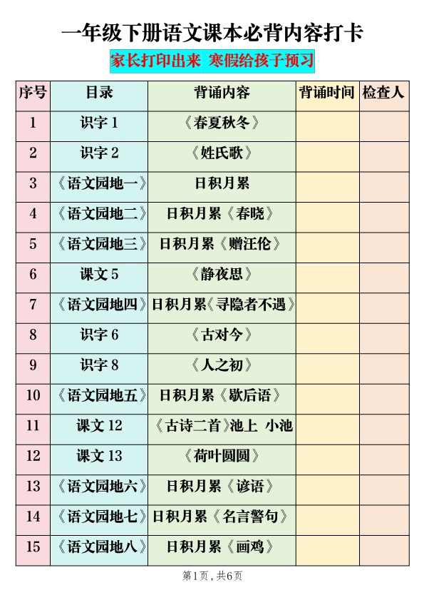【2026春6页完整版】一年级下册语文课本必背内容打卡.pdf-985文库