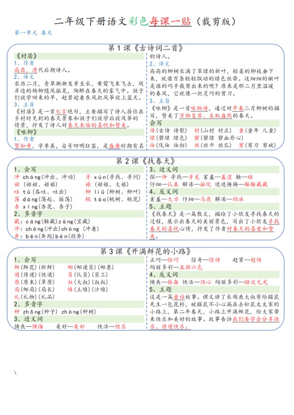 【2026春8页完整版】二年级下册语文彩色每课一贴.pdf-985文库