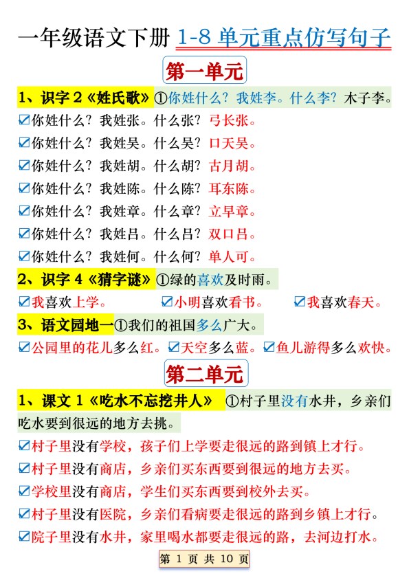 【2026春10页完整版】一年级（下册）语文1-8单元重点仿写句子.pdf-985文库