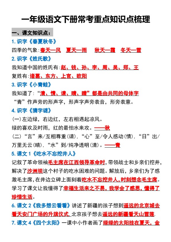 【2026春11页完整版】一年级语文下册知识点归纳期中期末总复习知识.pdf-985文库