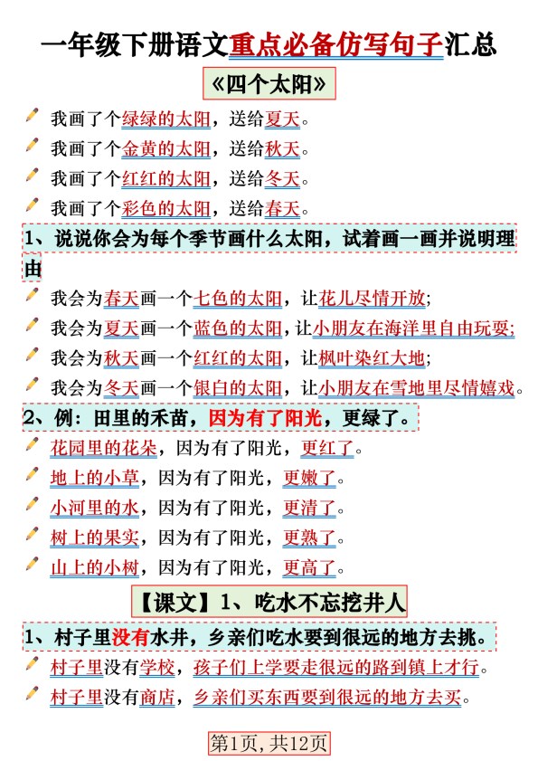 【2026春12页完整版】一年级(下册)语文重点必备仿写句子汇总.pdf-985文库
