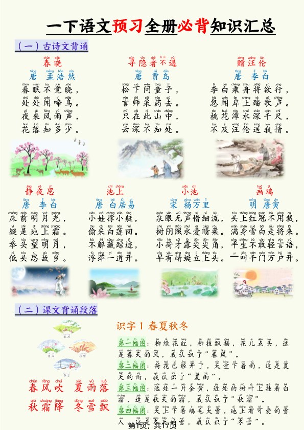 【2026春17页完整版】一年级下册语文预习全册必背知识汇总.pdf-985文库