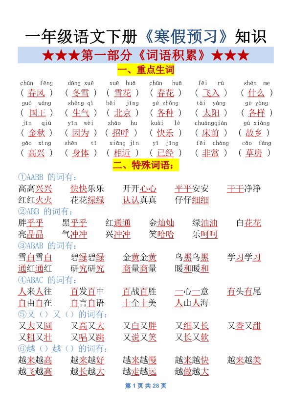 【2026春28页完整版】一年级语文下册寒假预习资料.pdf-985文库
