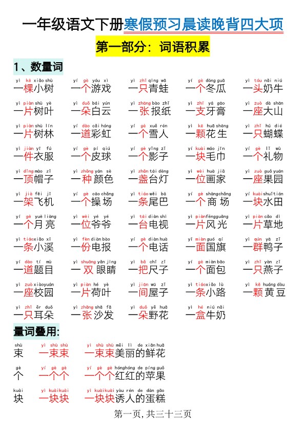 【2026春33页完整版】一年级语文【寒假预习-晨读晚背四大项】.pdf-985文库