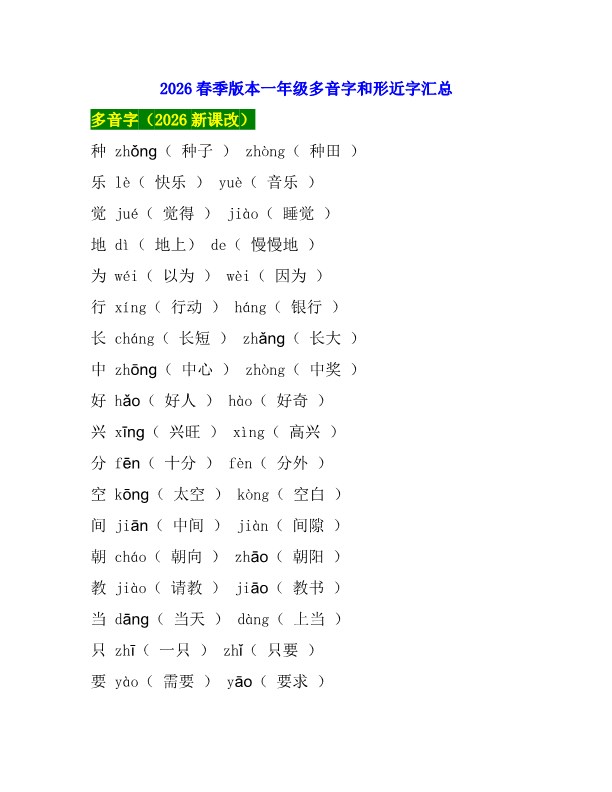 2026春新版一年级语文考试常考多音字和形近字汇总.pdf-985文库
