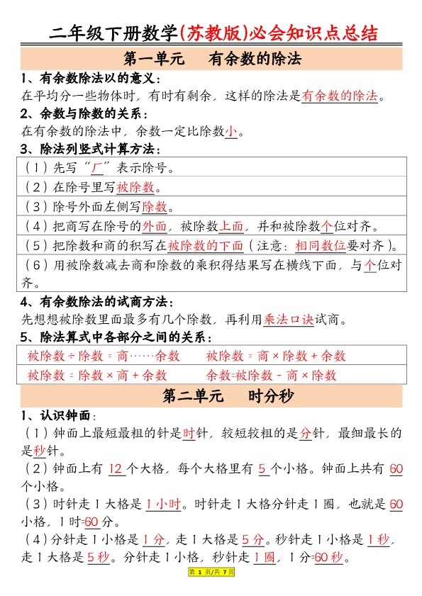 【2026春7页完整版】【苏教数学知识点汇总整理】二年级下册数学.pdf-985文库