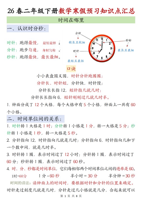 【2026春8页】二年级(下册)数学寒假知识汇总.pdf