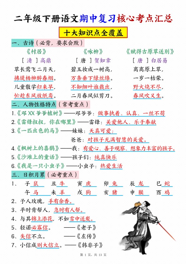 【2026春13页完整版】二年级下册语文期中复习核心考点汇总(10大知识点).pdf