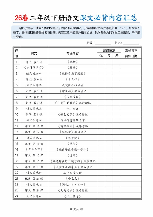 【2026春完整版】二年级(下册)语文 26春课文必背内容汇总.pdf-985文库