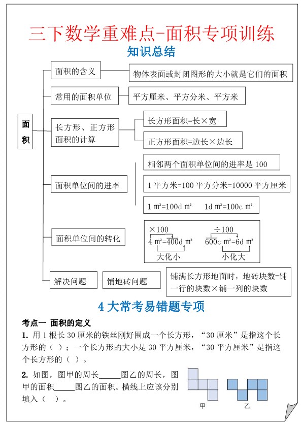 【2026春5页完整版】三年级下册数学重难点-面积专项训练.pdf-985文库