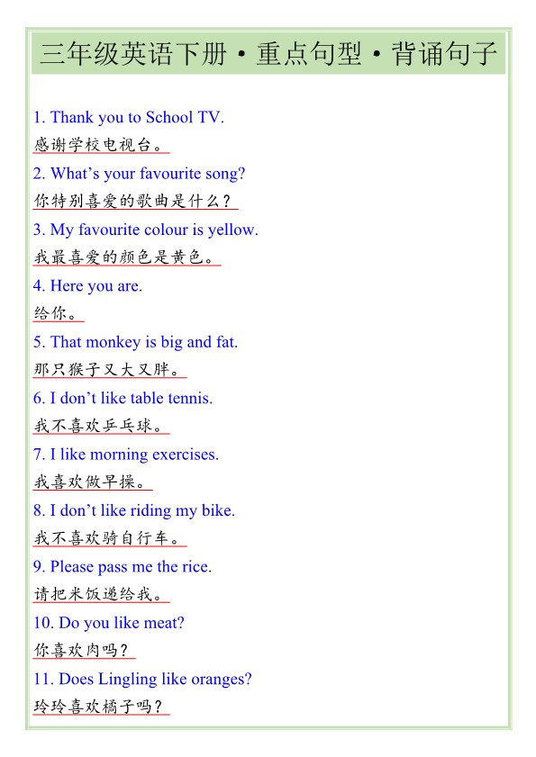 2026春新版三年级英语下册·重点句型·背诵句子.pdf-985文库
