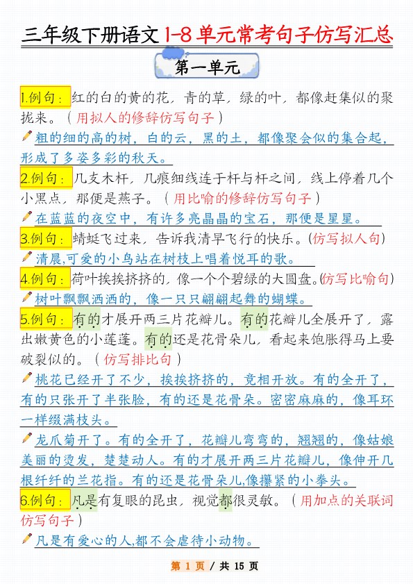 【2026春15页完整版】三年级（下册）语文1-8单元常考句子仿写.pdf-985文库