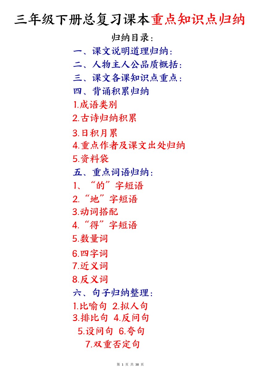 【2026春38页完整版】三年级下册语文期末复习课本重点知识点归纳.pdf-985文库