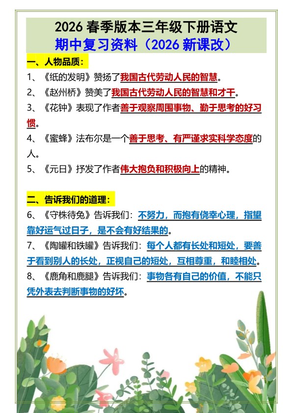 2026春新版三年级下册语文?期中复习资料.pdf-985文库