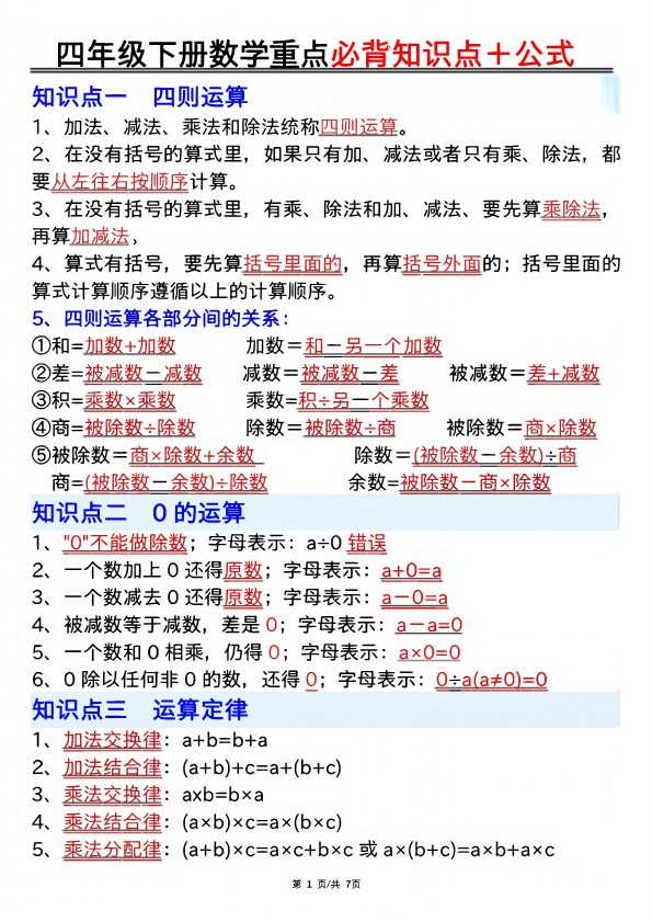 【2026春7页完整版】四年级下册数学重点必背知识点十公式.pdf-985文库