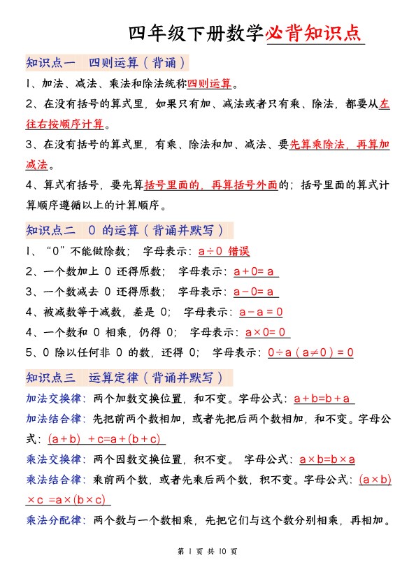 【2026春10页完整版】四年级(下册)数学(通用版)必背知识点.pdf-985文库