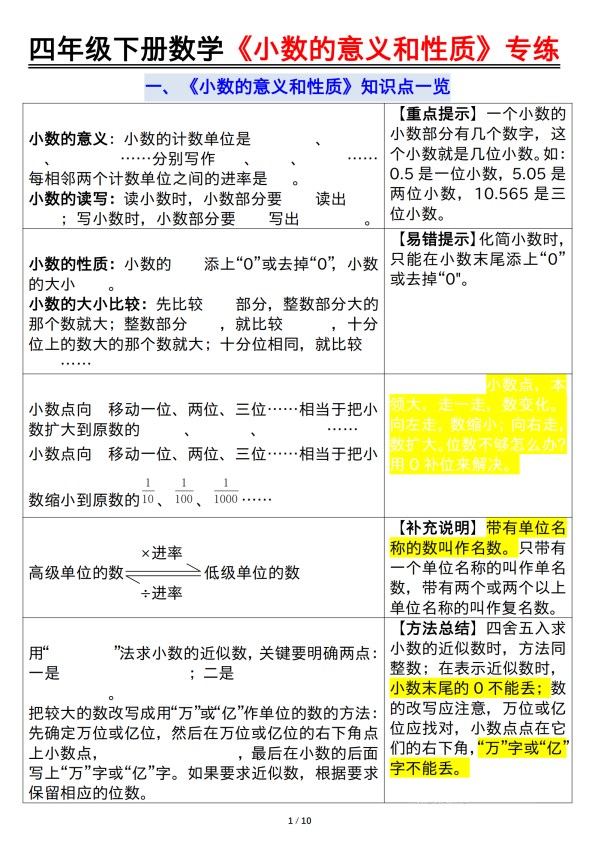 【2026春10页完整版】四年级(下册)数学小数的意义和性质专练空白.pdf-985文库