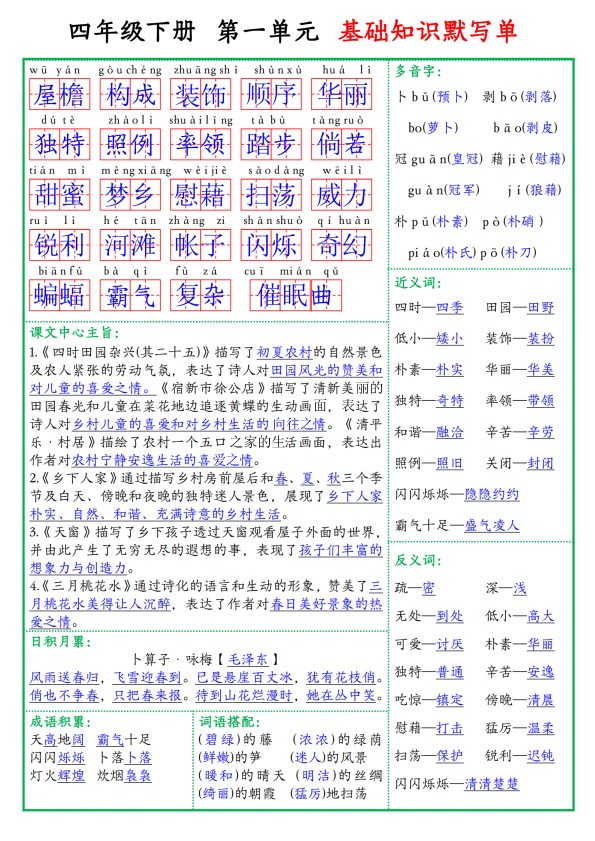 【2026春8页完整版】四年级下册基础知识默写单(答案).pdf-985文库