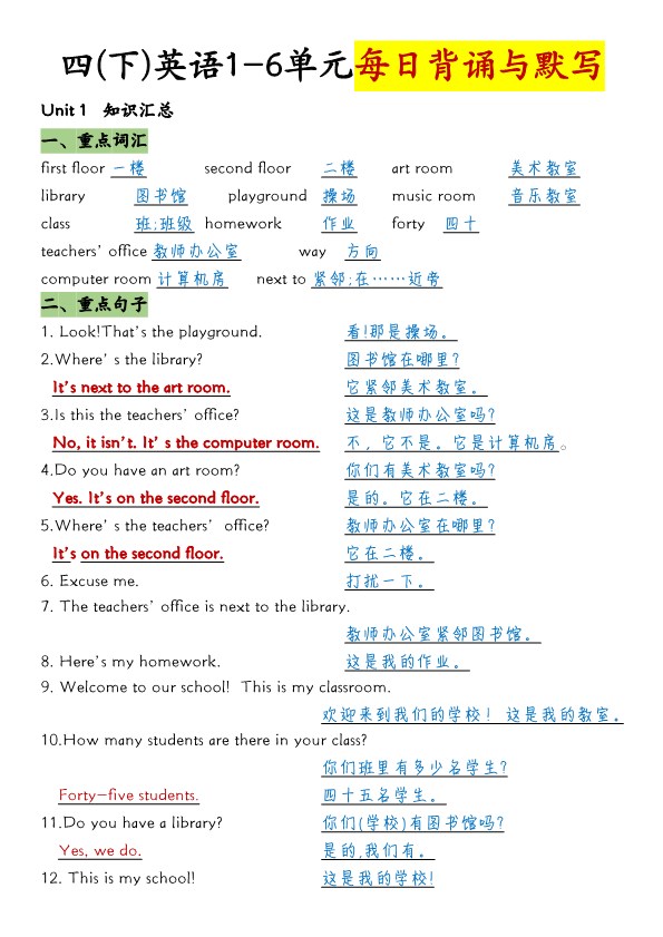 【2026春9页完整版】四年级(下册)英语1-6单元知识汇总.pdf-985文库