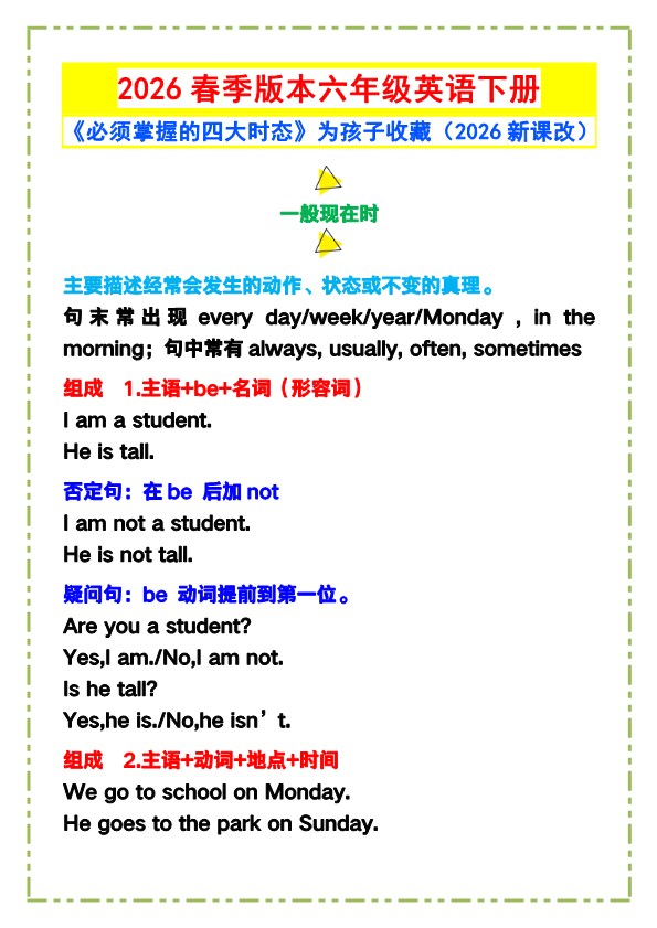 2026春新版六年级英语下册《必须掌握的四大时态》,请为孩子收藏!.pdf