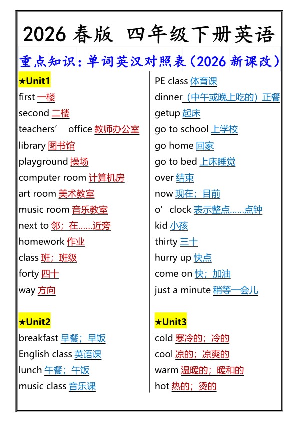 2026春新版四年级下册英语重点知识:单词英汉对照表.pdf