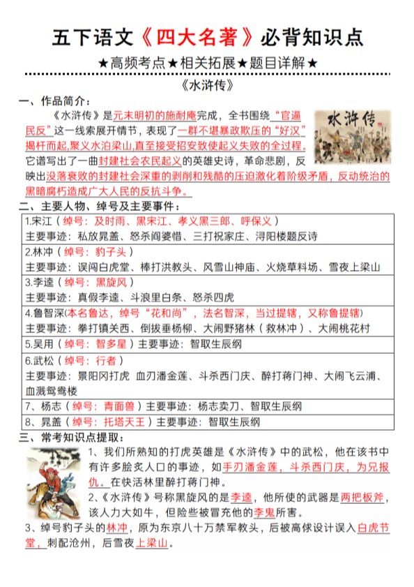 【2026春6页完整版】【《四大名著》必背知识点】五年级下册语文.pdf-985文库