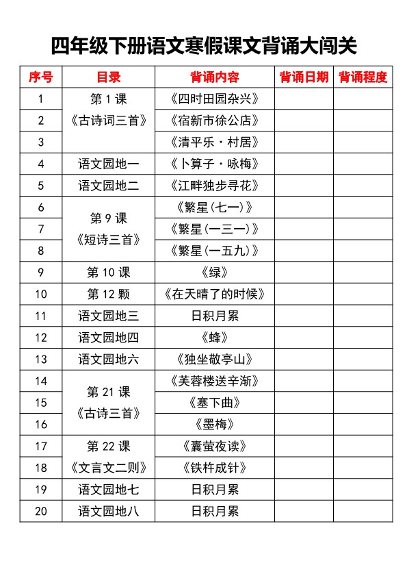 【2026春10页】四年级下册语文寒假课文背诵大闯关.pdf-985文库