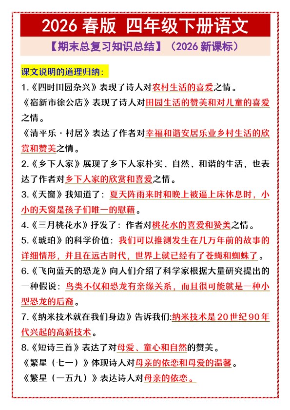 2026春新版四年级下册语文【期末总复习知识总结】.pdf-985文库