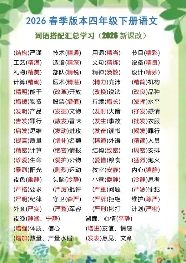 2026春新版四年级下册语文词语搭配汇总学习.pdf