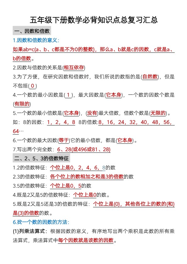 【2026春6页完整版】五年级（下册）数学单元知识点汇总.pdf-985文库