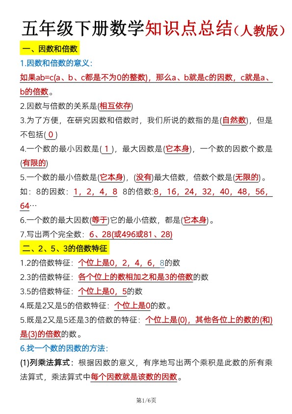 【2026春6页完整版】五年级下册人教版数学【必背知识点汇总】.pdf-985文库