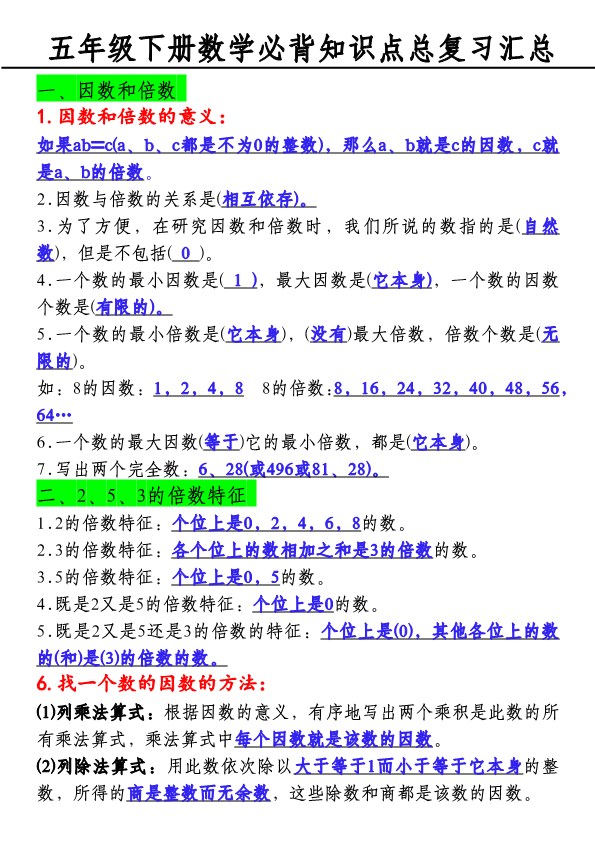 【2026春6页完整版】五年级下册人教版数学【必背知识点总复习汇总】.pdf