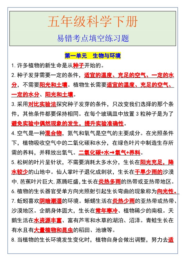 2026春新版五年级科学下册易错考点填空练习题.pdf-985文库