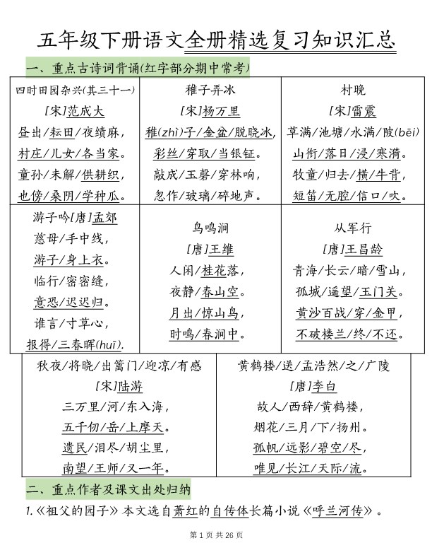 【2026春26页完整版】五年级（下册）语文精选复习知识汇总.pdf-985文库