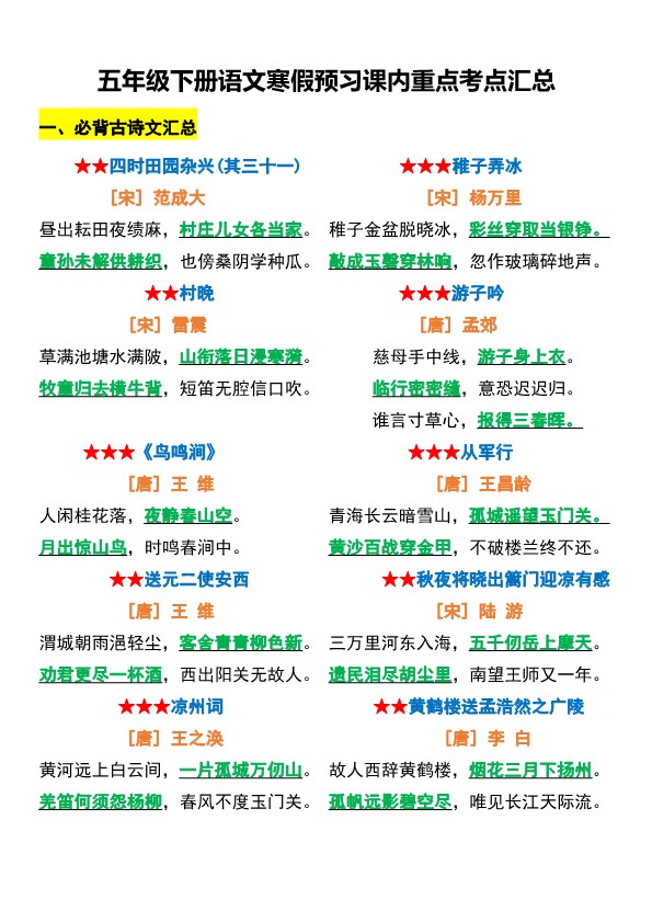 【2026春完整版】五年级（下册）语文+寒假预习课内重点考点汇总.pdf-985文库