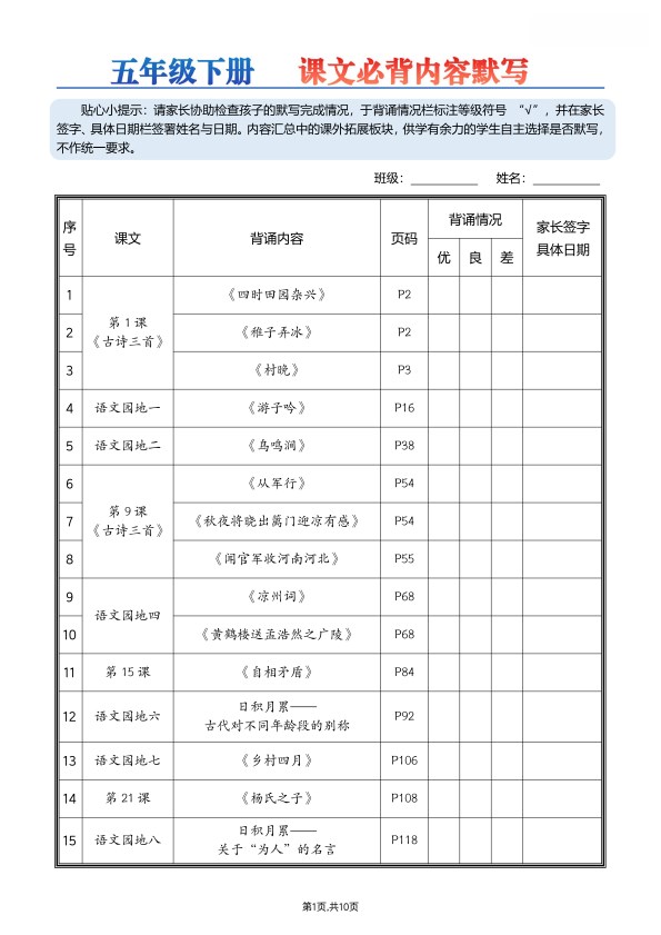 【2026寒假9页】五年级下册语文2026春寒假必背课文内容汇总空白版.pdf-985文库