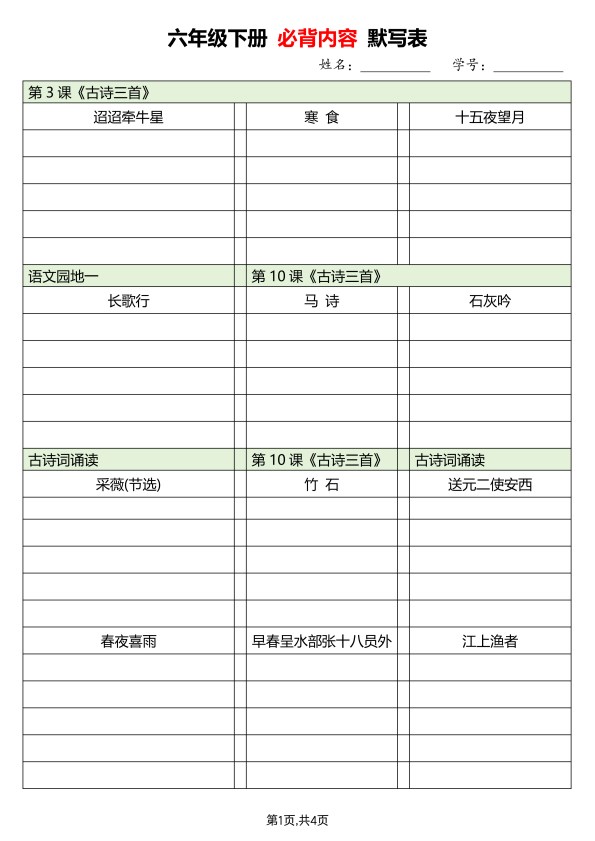 【2026春8页完整版】六年级(下册)语文必背内容默写单.pdf-985文库