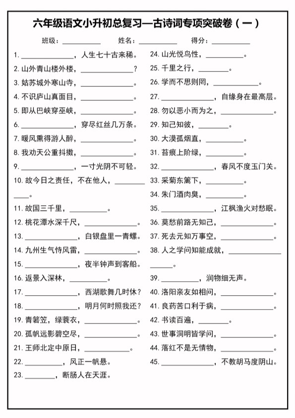 【2026年春新版】六年级语文小升初总复习古诗词专项突破卷.pdf-985文库