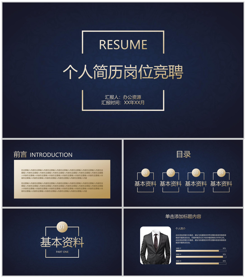 高雅金蓝复古风大学生个人简历竞聘报告PPT模板