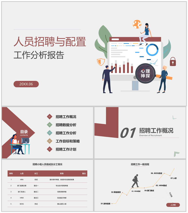 棕红扁平风人员招聘与配置工作数据化总结分析PPT模板