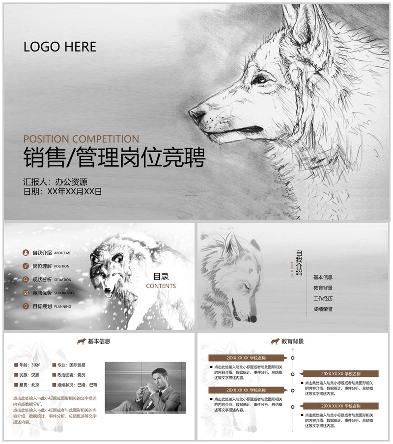狼性中国风岗位竞聘简历动态PPT模板