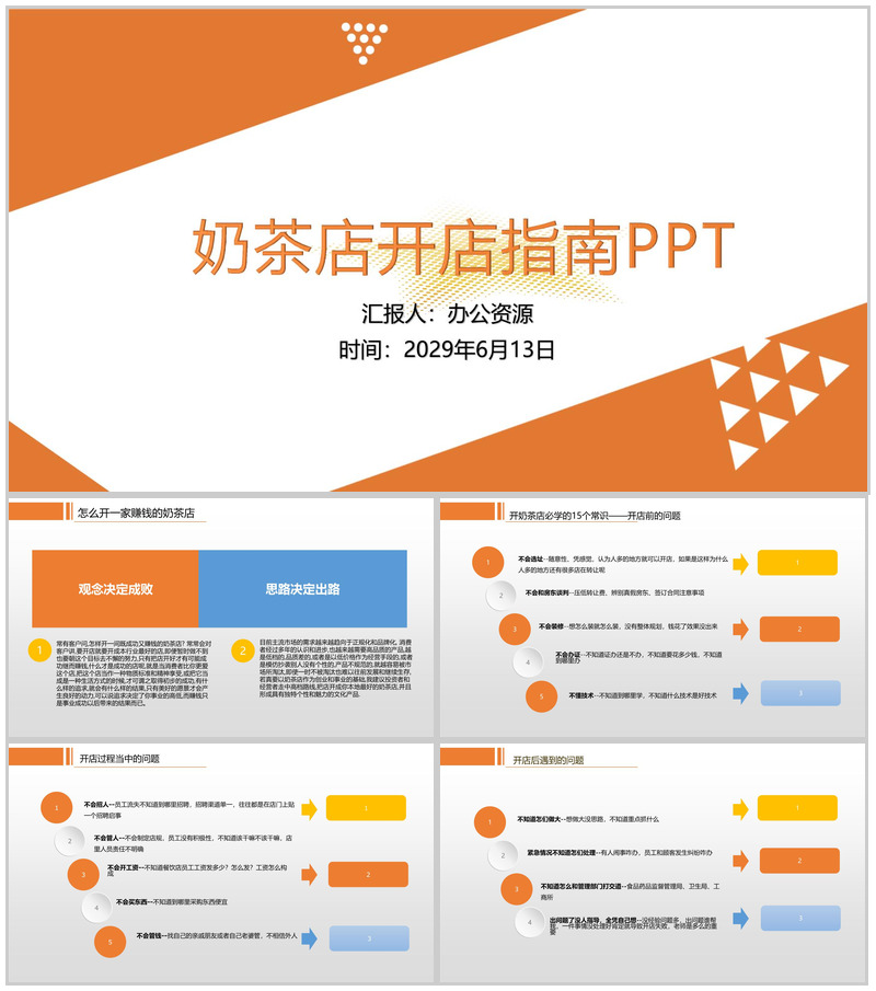 橙黄色几何简约奶茶店新手开店指南及投资创业方案大学生创业PPT
