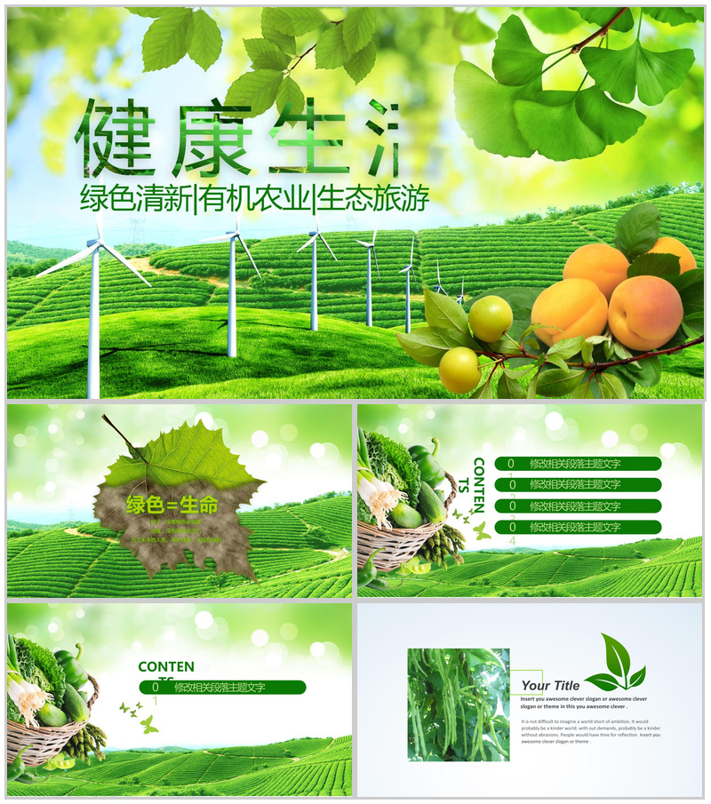 简约绿色清新有机农业环保健康生态旅游PPT模板