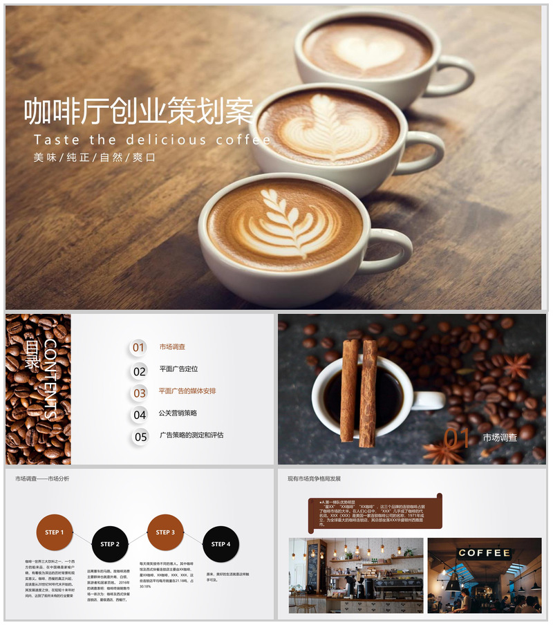 咖色简约创意XXX咖啡厅创业策划案PPT模板
