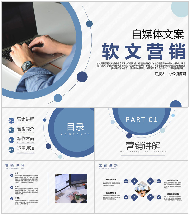 新媒体行业软文营销文案与博客论坛推广培训专用PPT模板