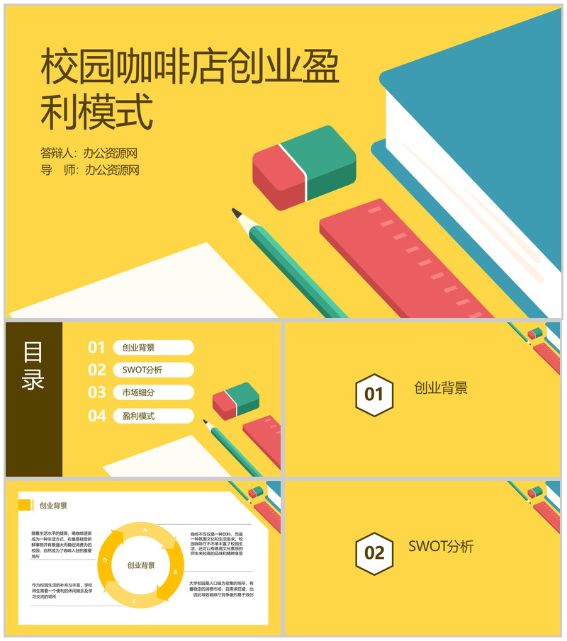 黄色简约大学生创业校园咖啡店创业模式及盈利方式PPT模板
