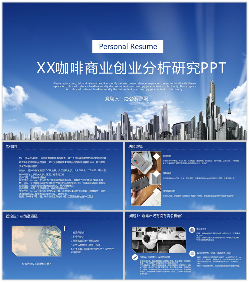 蓝色简约商务XX咖啡商业创业分析研究PPT模板